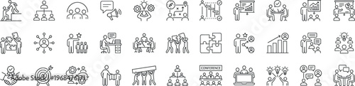 business teamwork and leadership line icons set, meeting conference strategy planning communication organization partnership network success target and management symbols vector outline icon 