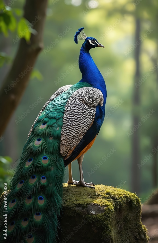 Fototapeta premium Male peacock with vibrant blue neck and green tail feathers stands on mossy rock. Bird displays intricate plumage in forest clearing. Majestic fowl with proud stance.