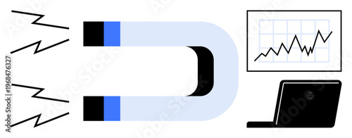 Business strategy, data analysis, marketing, lead generation, sales growth, content planning. Magnet attracting lines, laptop upward chart. Business strategy and data analysis concepts