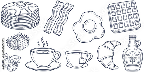 Wholesome breakfast foods like pancakes, bacon, eggs, waffles, tea, and croissants with maple syrup, beautifully hand-drawn for a classic feel