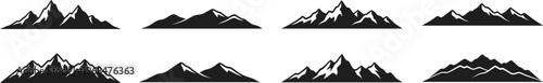 mountain landscape silhouette icons set, nature peak range alps hills summit terrain outdoor adventure travel and scenery vector silhouette icon collection isolated on transparent background