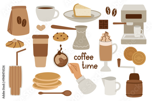 Cozy flat coffee set with cups, beans, desserts, brewing tools, and coffee maker. Warm café collection breakfast treats, and barista lifestyle. Vector illustration