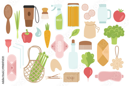 Zero-waste lifestyle. Reusable household items, eco-friendly hygiene products and household supplies, natural food and sustainable alternatives for everyday life. Flat vector illustration.