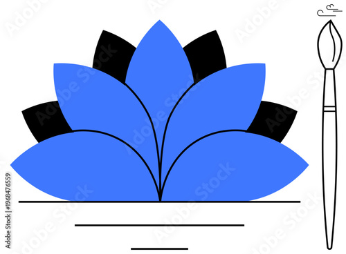 Arts and crafts, mindfulness, creativity, natural beauty, self-expression, design. Symmetrical blue lotus with black petals and a paintbrush beside it. Creativity and mindfulness concept