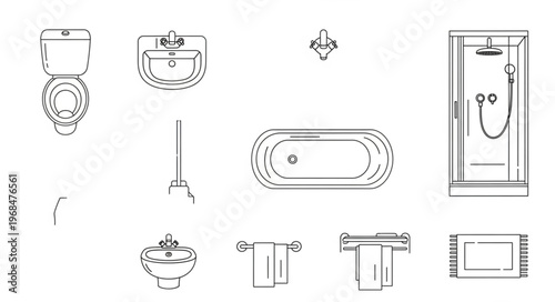 Bathroom Fixtures and Fittings Top View Illustration.
