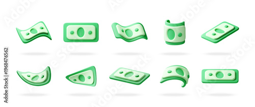 Set of 3D green paper banknote icons in various shapes and positions. Rendered currency collection for financial concept, business investment, wealth, cash saving and economy. Vector illustration