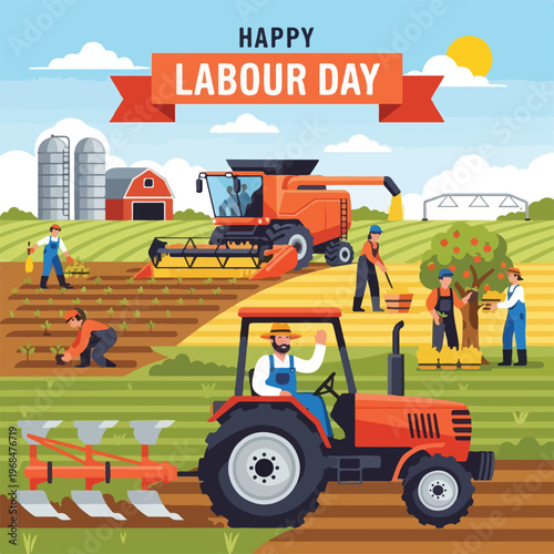 Colorful illustration celebrating Labour Day, with farmers and tractors