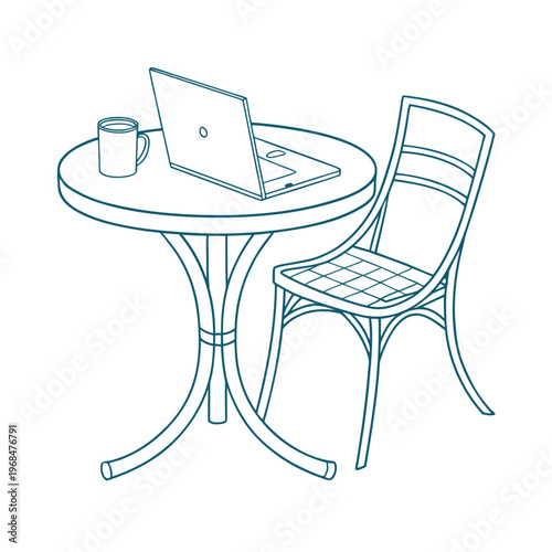 Blue and white line of a desk lamp and office chair