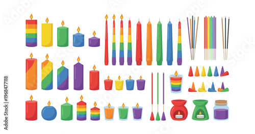 Collection of various colorful candles, rainbow patterned items, incense sticks, and aromatherapy tools for meditation and wellness