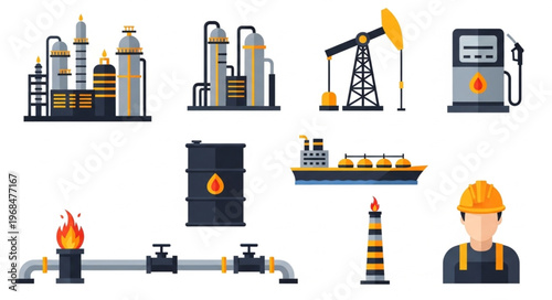 Oil and Gas Industry Icons - Refinery, Pumpjack, Gas Station, and More.