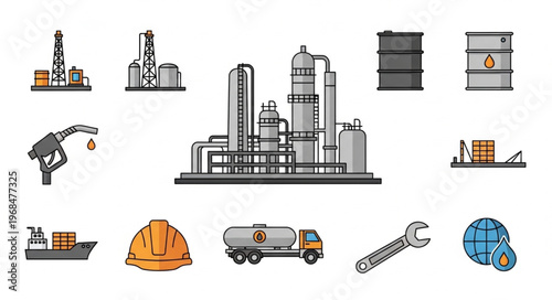 Oil and Gas Industry Icons - Refinery, Equipment, and Safety Gear.