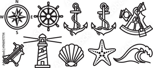Various symbols representing compass navigation and maritime safety Vector