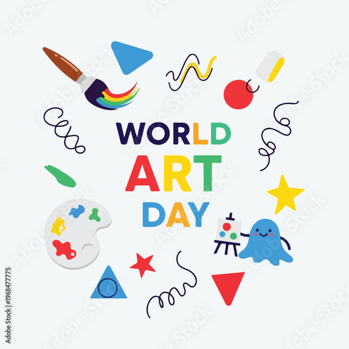 Colorful illustration celebrating World Art Day, featuring art supplies and elements
