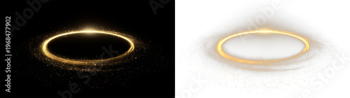 Gold circle with light effect and sparkles on a transparent background for designs and graphics