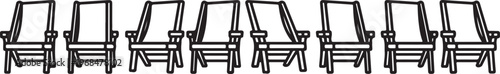 A minimalist line drawing of a row of simple wooden chairs. Vector