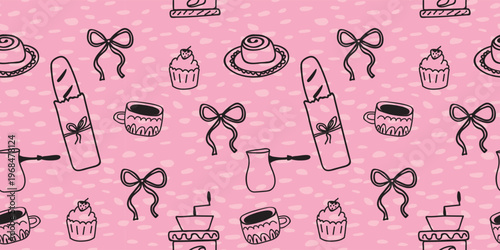 Coquette Aesthetic Seamless Pattern with French Baguettes Pink Bows and Strawberry Cupcakes