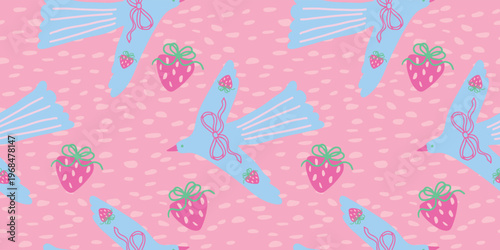 Seamless pattern with folk birds and strawberries on pink background for coquette aesthetic textile design