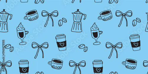 Cute Coffee Lover Seamless Pattern with Blue Bows Moka Pot and Takeaway Cups