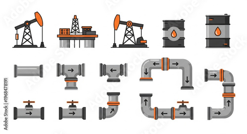 Oil Industry Equipment and Infrastructure Vector Illustration Set.