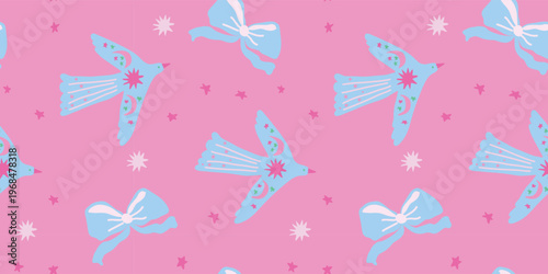 Celestial folk birds with stars and moon ornaments on pink background for magical nursery design