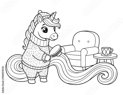 Unicorn cute character wearing winter sweater brushing long hair near chair line art coloring page