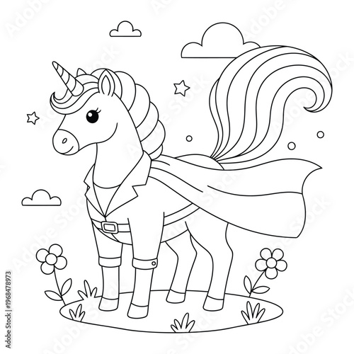 Unicorn cute superhero character wearing cape and outfit in nature line art coloring page