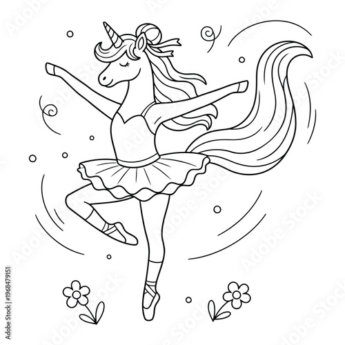 Unicorn ballerina character dancing gracefully in tutu dress line art coloring page