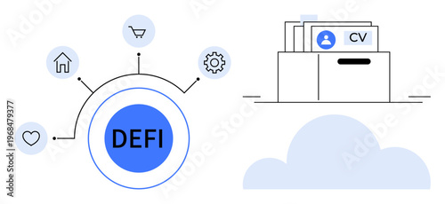 Decentralized finance concept. Decentralized finance with icons for finance, cloud storage, and digital management. Decentralized finance enables secure and transparent transactions. Great