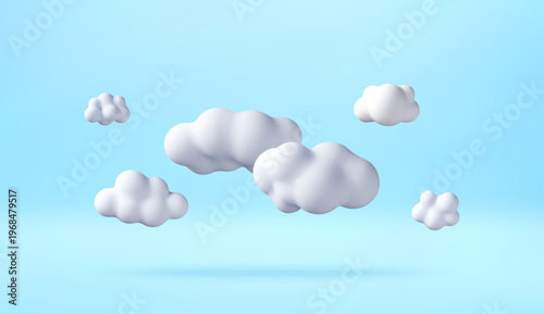 3D Fluffy white clouds floating in blue sky. Meteorological weather symbol. Cartoon style soft aerial cloudscape for digital design background and creative art. Vector illustration