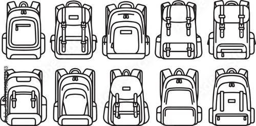 Various types of backpacks and bags in simple black line drawings Vector