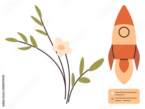 Growth, innovation, nature, design, exploration, creativity. A rocket next to leafy branches and a flower with a small label add a creative touch. Growth and innovation concept