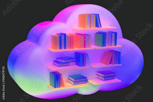 A colorful cloud-shaped bookshelf filled with books in a digital illustration
