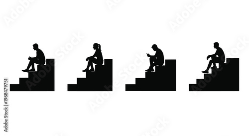 People sitting on steps in a stark graphic silhouette