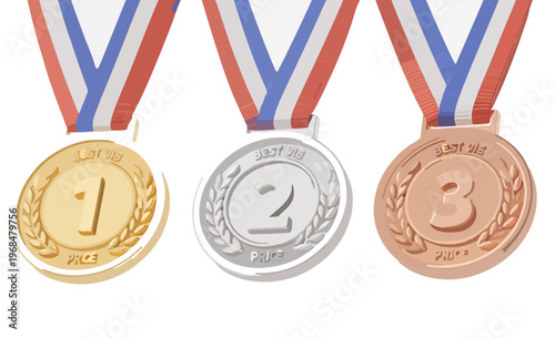 Gold, silver, bronze medals set. 