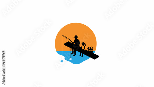 Father and child silhouette fishing on dock at sunset illustration