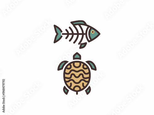 Sea Turtle and Fish Bone Vector Illustration