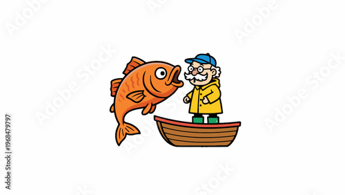 Cartoon fisherman in boat surprised by a jumping giant orange fish