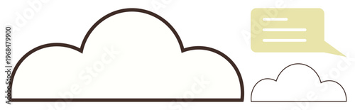 Cloud technology, data storage, communication, messaging apps, online services, digital networks. Two outline cloud shapes with a speech bubble. Cloud technology and data storage concept