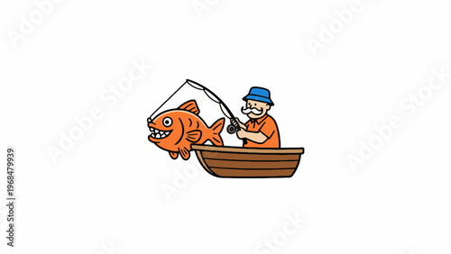 Fisherman Catching Large Orange Fish in Wooden Boat Illustration