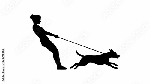Silhouette of woman pulling dog on leash isolated on white