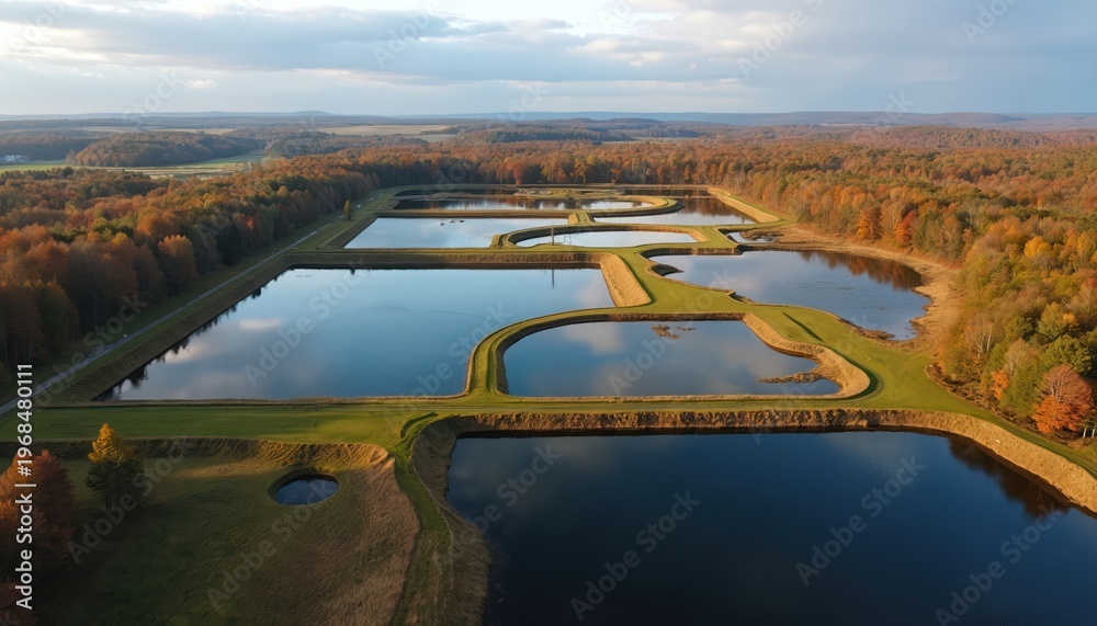 Fototapeta premium Aerial view of aquaculture ponds in autumn. Forests with colorful trees surround water reservoirs. Rural landscape shows organized fish farm layout. Agricultural system for fish cultivation.