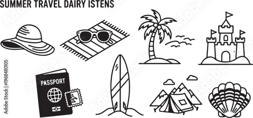 Essential items for summer travel documented in a travel diary Vector