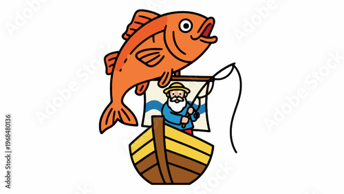 Fisherman Catching Large Orange Fish on Boat Illustration