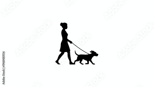 Woman walking dog silhouette isolated on white background