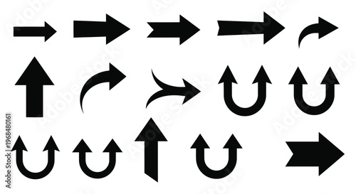 Collection of various black arrow shapes and directional indicators silhouette