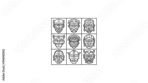 Tribal mask line art icons set on white background
