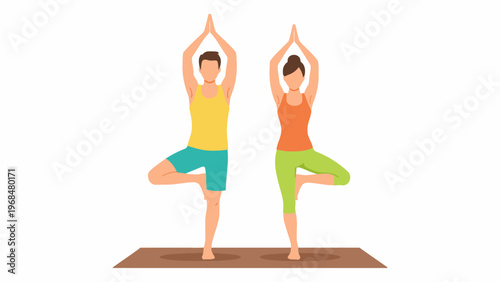 Couple performing tree yoga pose on mat vector illustration