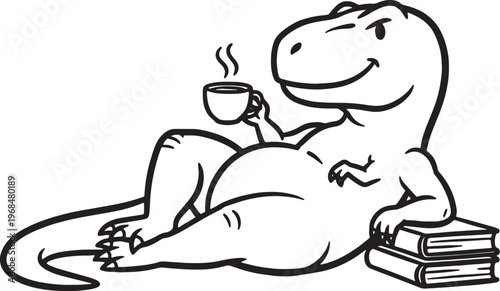 Tyrannosaurus dinosaur relaxing with books and coffee