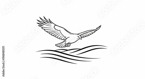 A bird of prey with outstretched wings soars over stylized undulating lines