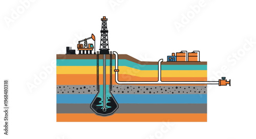 Detailed diagram illustrating the process of natural gas extraction from a subsurface reservoir using a drilling rig, showcasing the geological formation and pipeline network